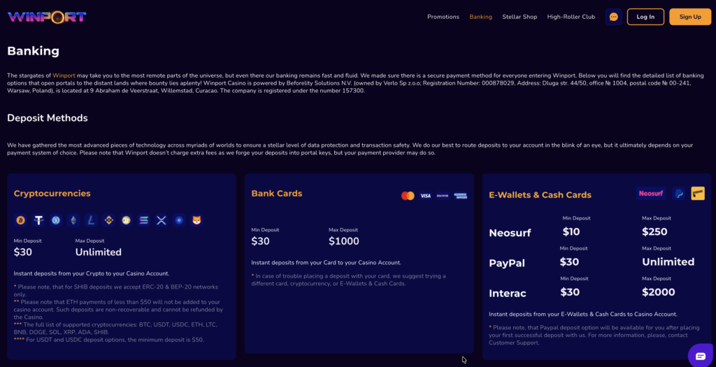 Winport Casino Banking Page