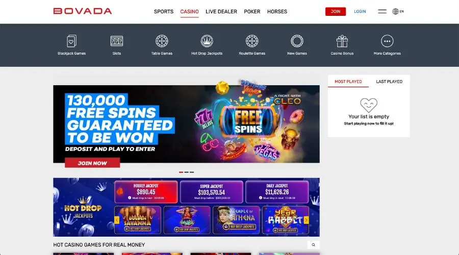 Bovada Casino Page