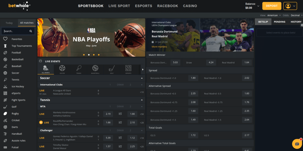 Betwhale Sportsbook Page
