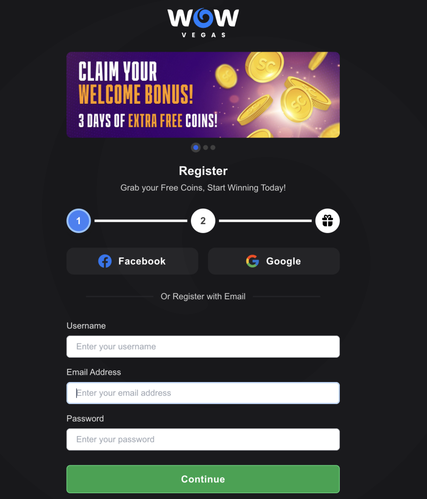 Sign Up Form On Wow Vegas